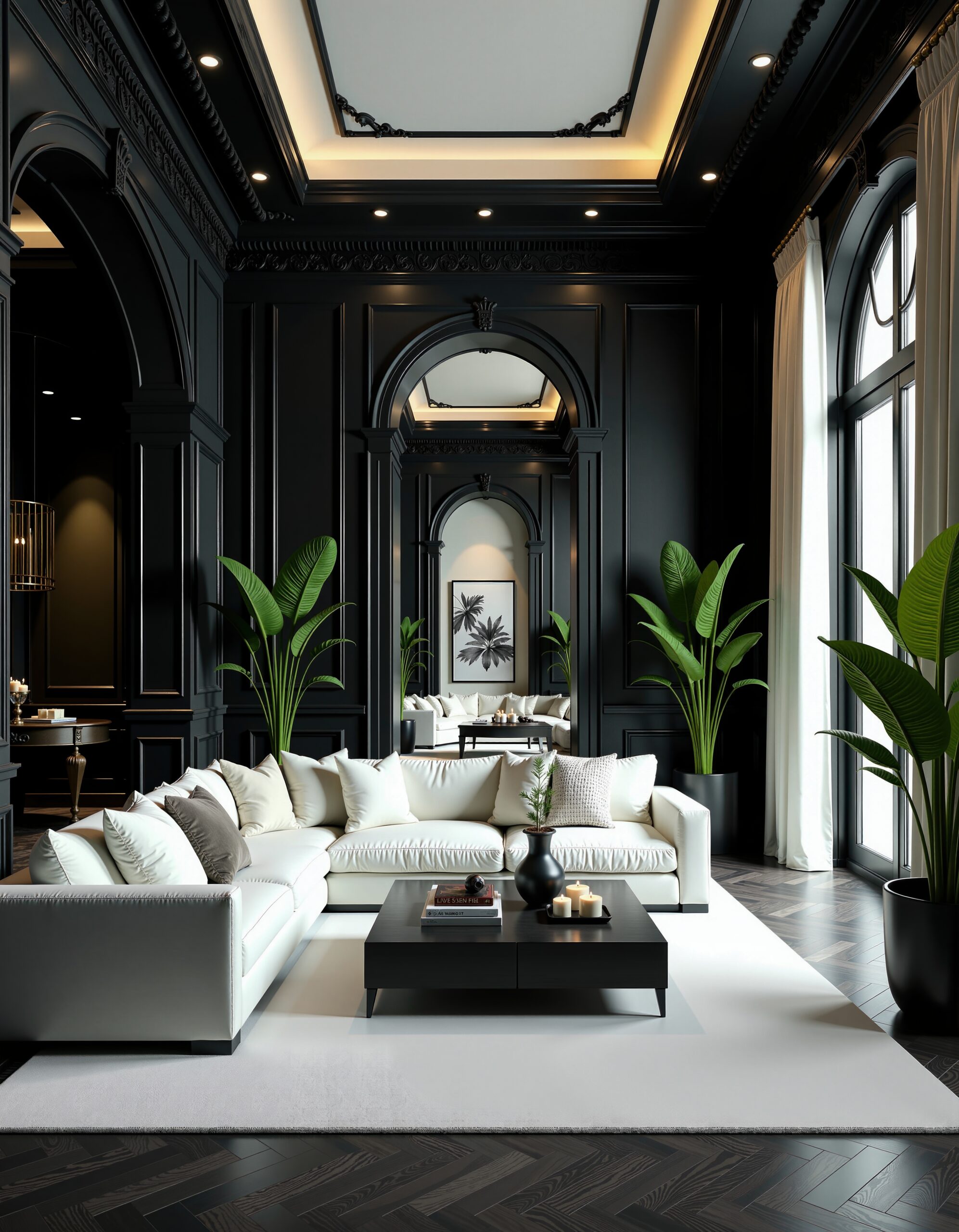Luxurious modern living room with elegant black interiors and greenery accents